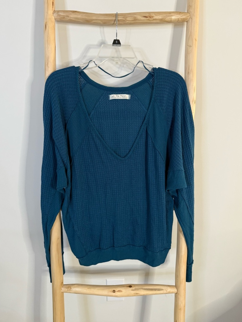 We The Free Teal Waffle Knit V-Neck Top